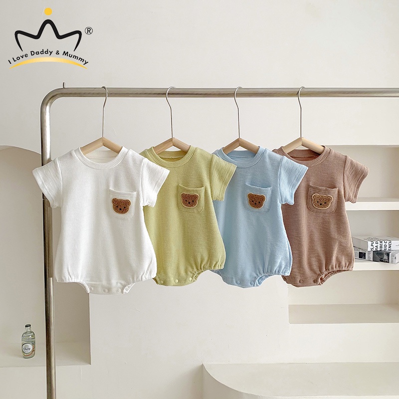 Áo Liền Quần Ngắn Tay Cổ Tròn Mềm Mại Thoáng Khí Họa Tiết Gấu Đáng Yêu Cho Bé Tập Bò