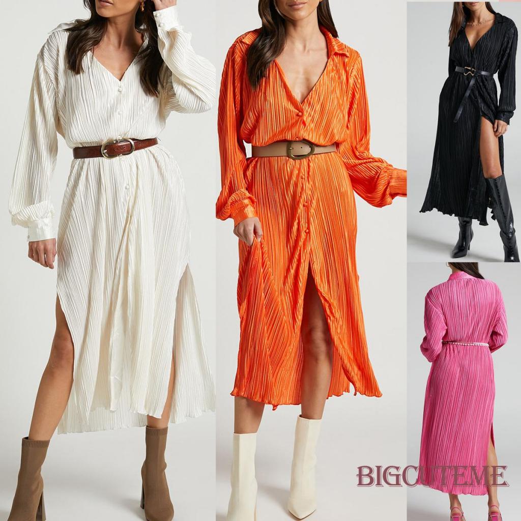 Đầm Midi Tay Dài Cổ Chữ V Xếp Ly Màu Sắc Đơn Giản Cho Nữ