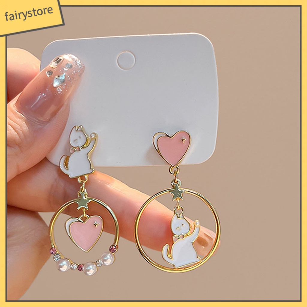 1 Đôi Bông Tai Hình Mèo Hoạt Hình Đính Đá Ngọc Trai Giả Phong Cách Nhật Bản