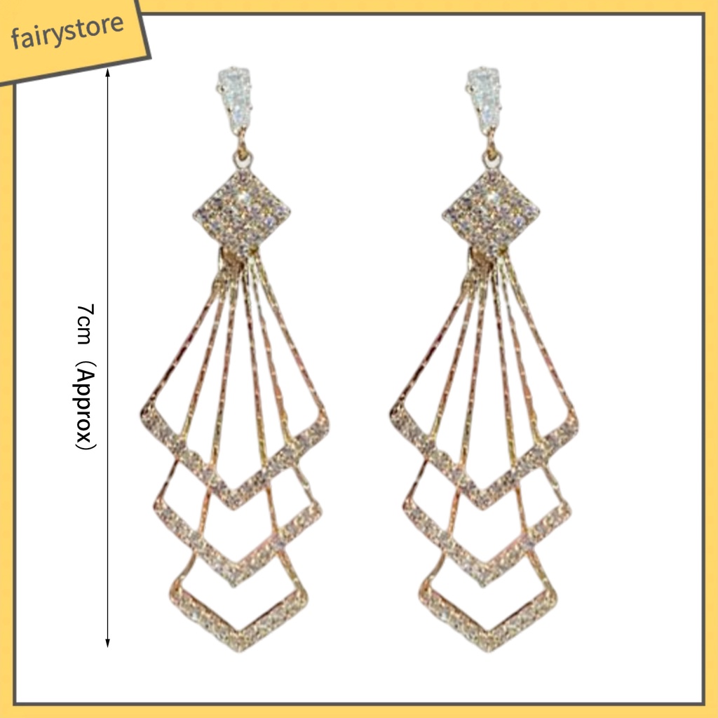 [FRO] Bông Tai Treo Ba Lớp Hình Thoi Đính Kim Cương Giả Lấp Lánh Dành Cho Nữ