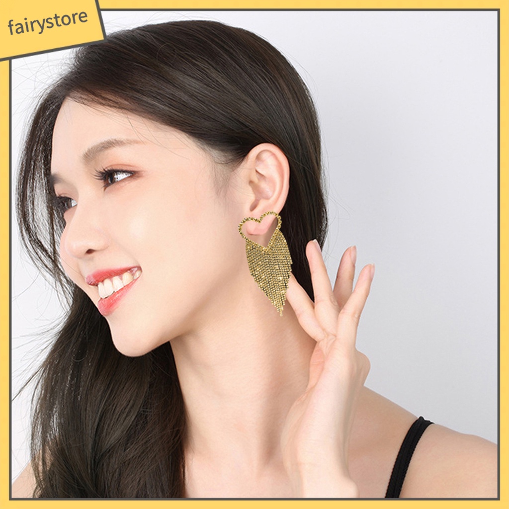[FRO] 1 Đôi Bông Tai Thả Dài Hình Trái Tim Đính Kim Cương Giả Lấp Lánh Chống Dị Ứng Phong Cách Hàn Quốc