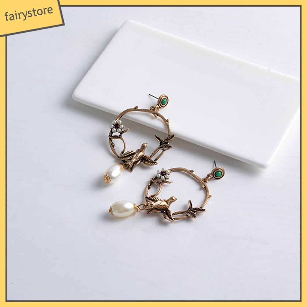 Bông Tai Hình Hoa / Chim Đính Ngọc Trai Giả Phong Cách Retro Dành Cho Nữ