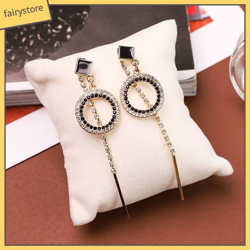 Bông Tai Dáng Dài Hình Tròn Rỗng Đính Đá Thời Trang