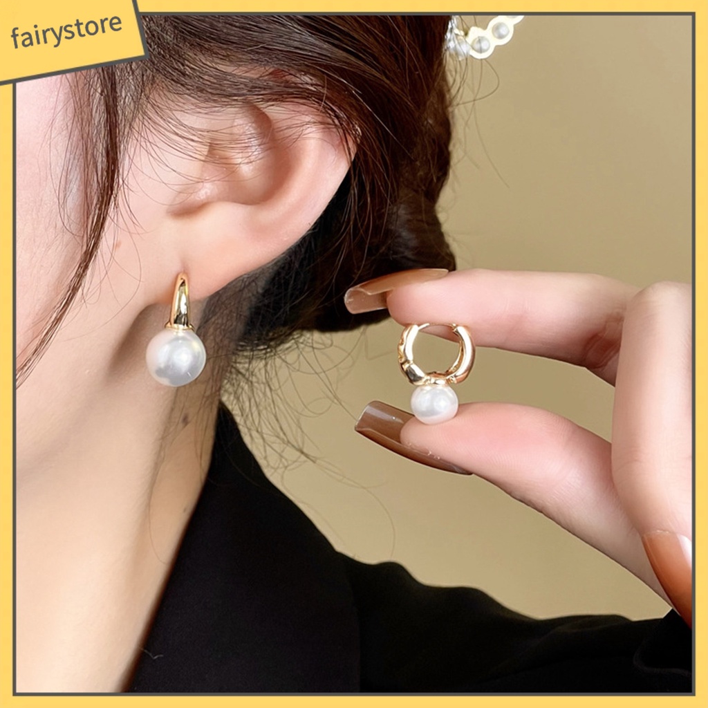 1 Đôi Bông Tai Hình Học Đính Ngọc Trai Nhân Tạo Phong Cách Hong Kong Thời Trang