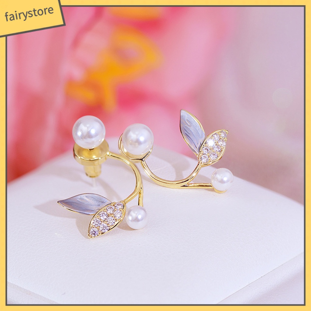 1 Đôi Bông Tai Hình Chiếc Lá Đính Ngọc Trai Nhân Tạo Phong Cách Hàn Quốc