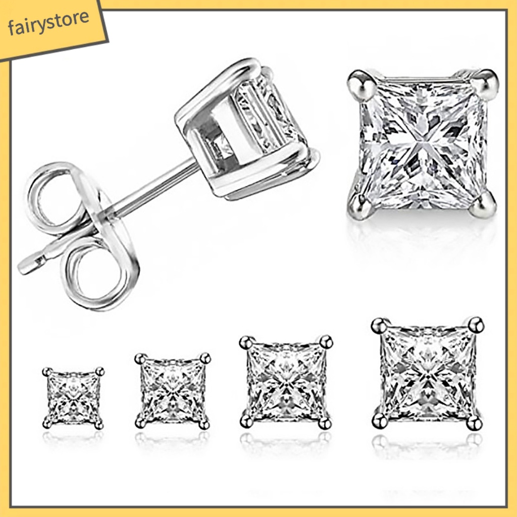 1 Đôi Bông Tai Mạ Bạc Đính Đá Zircon Hình Vuông Thanh Lịch Dành Cho Nữ