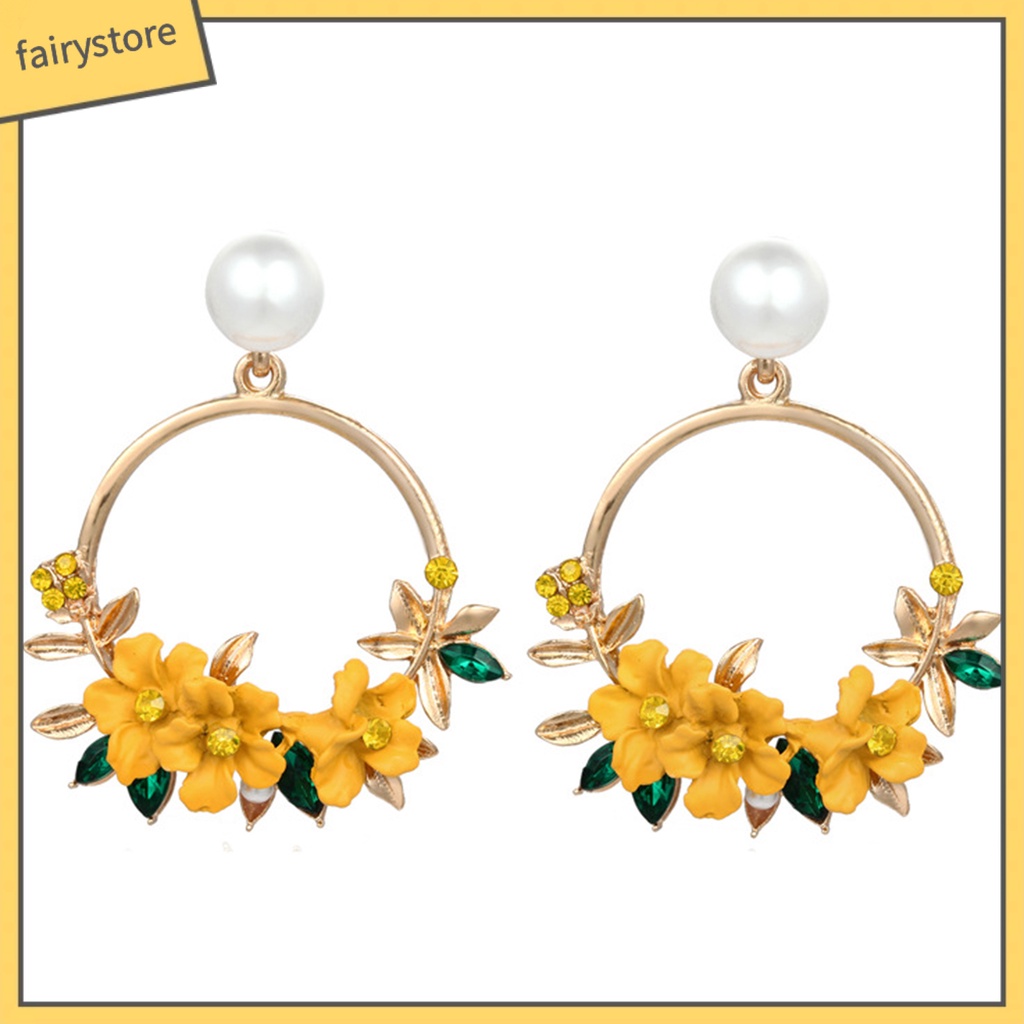 1 Đôi Bông Tai Tròn Đính Đá &amp; Ngọc Trai Giả Hình Hoa Dễ Thương