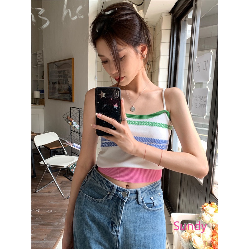 Áo Hai Dây Dệt Sọc Nhiều Màu Phong Cách Hàn Quốc Cổ Điển Thời Trang Mùa Hè Cho Nữ