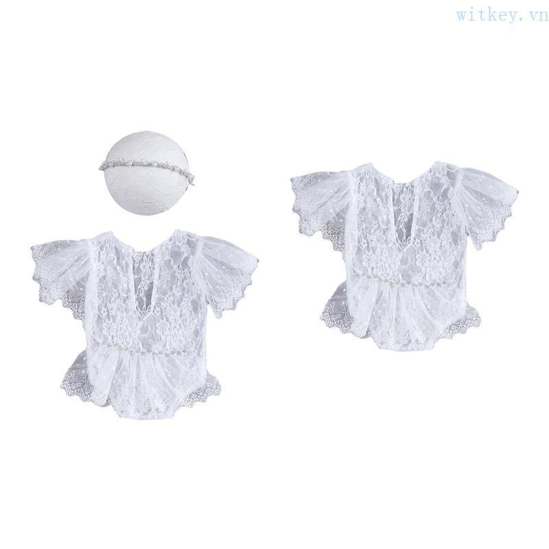 Set Đồ 2 Món Gồm Áo Liền Quần + Băng Cài Đầu Ren Làm Phụ Kiện Chụp Ảnh Cho Bé