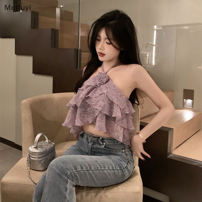 [Meifuyi] Áo Crop Top Dáng Ôm Ghép Vải Hoa Hồng Xếp Nếp Không Đối Xứng
