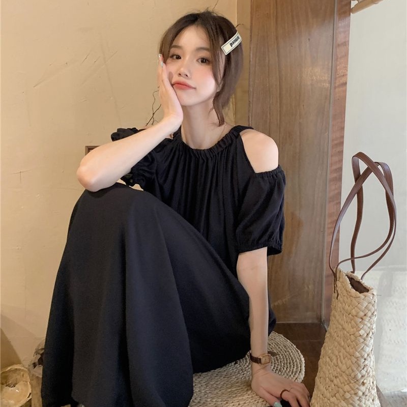 COZOK Đầm Midi Tay Ngắn Hở Vai Dáng Rộng Thời Trang Quyến Rũ Cho Nữ