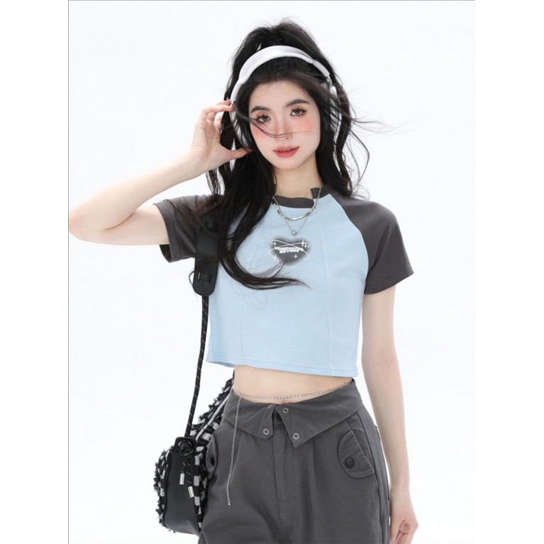 Áo Croptop Tay Ngắn Cổ Tròn Màu Sắc Tương Phản Phong Cách Retro Dành Cho Nữ