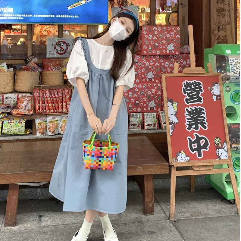 Set babydoll Đầm Yếm Lửng Hai Dây Dáng Rộng Phong Cách Preppy Dễ Thương Thời Trang Mùa Hè Dành Cho Nữ Sinh