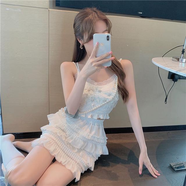 Set Áo Dây Phối Ren + Chân Váy Chiffon Lưng Cao Xếp Tầng Thời Trang Nữ Tính