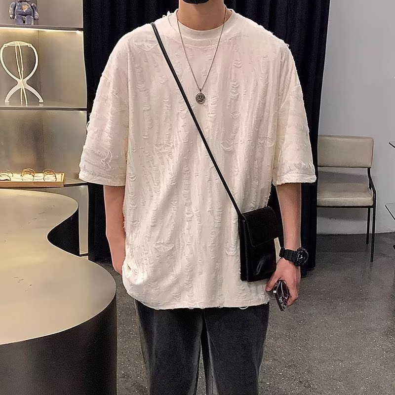 Áo Thun Cotton Tay Ngắn Dáng Rộng Phối Rách Kiểu Đường Phố Mỹ Thời Trang Mùa Hè Cho Nam