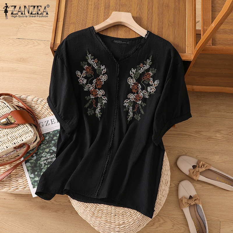 Zanzea Áo Sơ Mi Tay Ngắn Cổ Chữ V Họa Tiết Thêu Thời Trang Cho Nữ