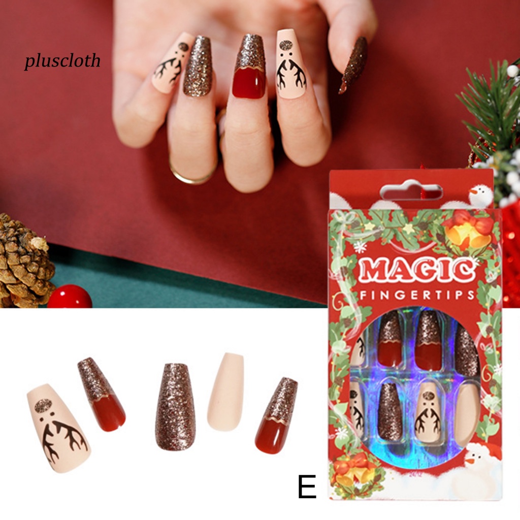 &lt; Pluscloth &gt; Set 24 Móng Tay Giả Dạng Nhấn Siêu Mỏng Phong Cách Giáng Sinh Có Thể Tháo Rời