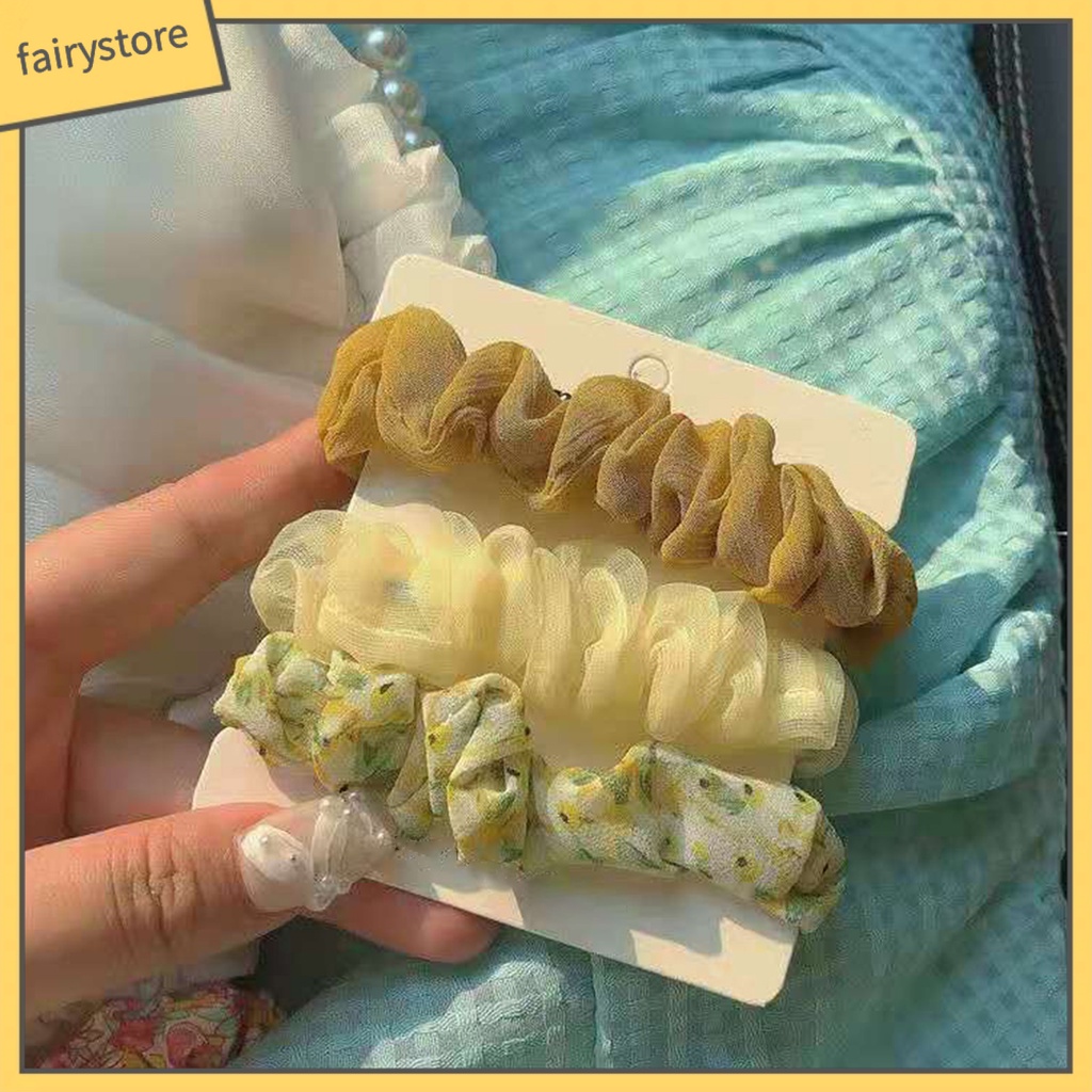 Set 3 Dây Buộc Tóc Cao Su Bọc Vải Chiffon Co Giãn In Họa Tiết Hoa Tươi Mới