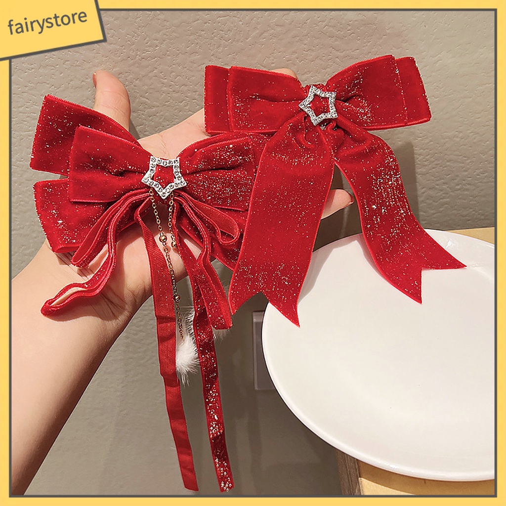 Kẹp Tóc Nơ Đính Ngọc Trai Giả Lấp Lánh Chống Trượt Trang Trí Năm Mới