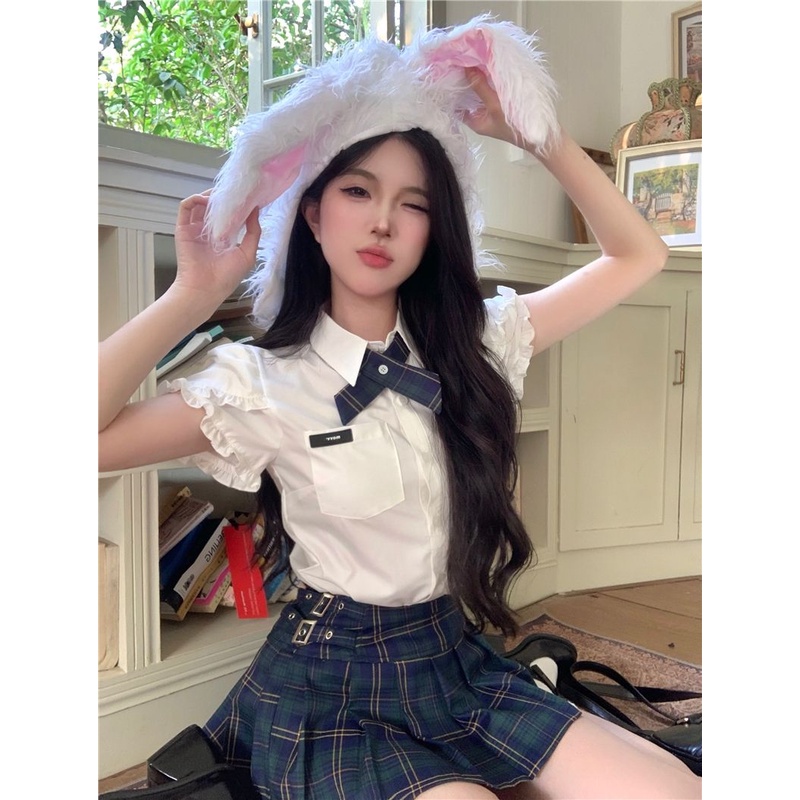 Bộ Áo Sơ Mi Ngắn Tay + Chân Váy Xếp Ly Lưng Cao Thời Trang Cho Nữ