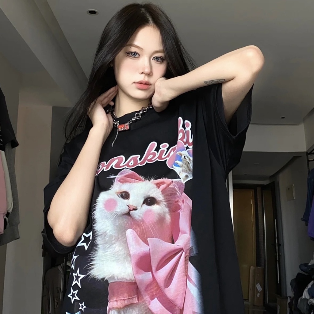 Áo Thun Tay Ngắn Dáng Rộng In Hình Mèo Dễ Thương Thời Trang Mùa Hè Cho Nữ