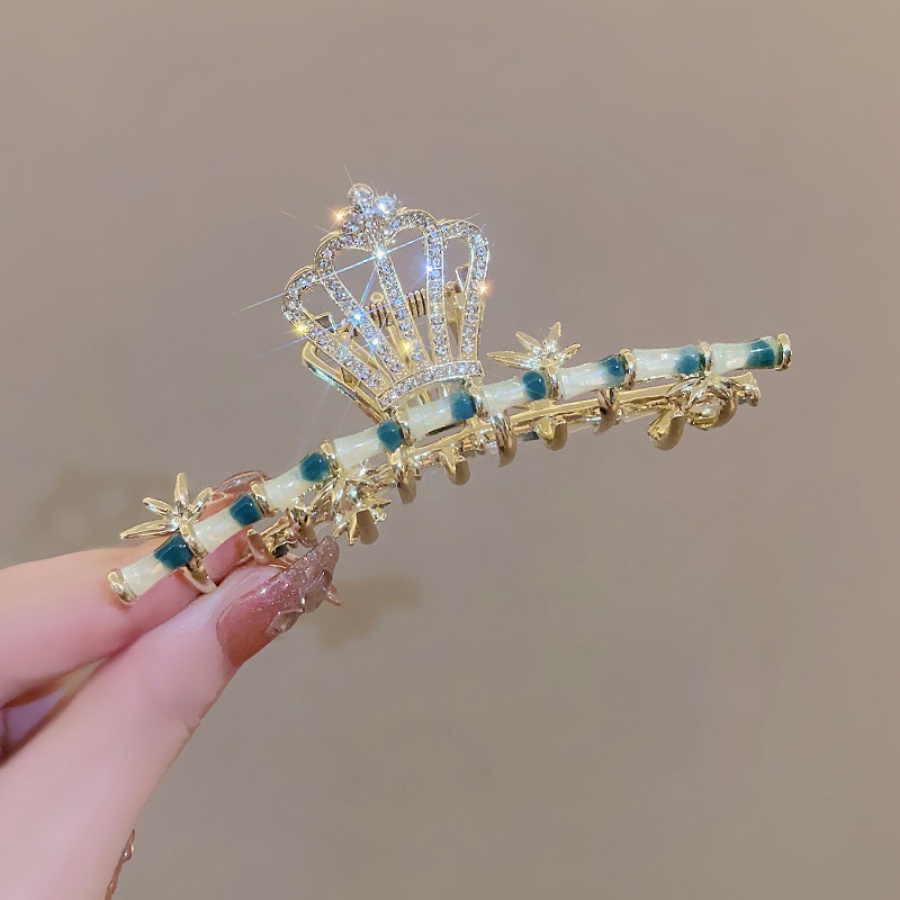 Kẹp Tóc Đuôi Ngựa Hình Vương Miện Bằng Tre Và Hợp Kim Đính Đá Pha Lê Phong Cách