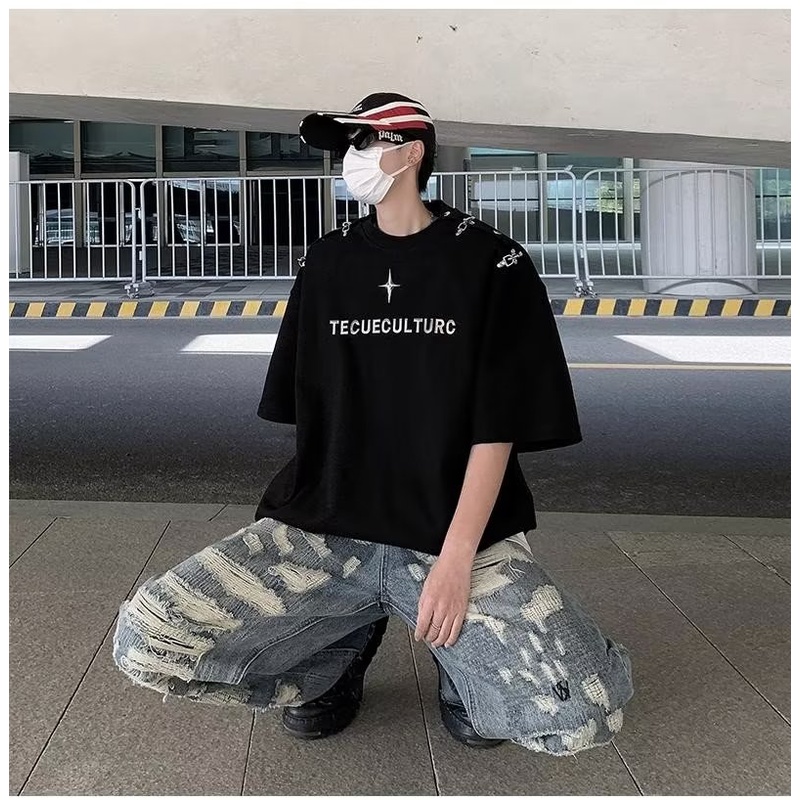 Áo Thun Tay Ngắn Phối Nút Kim Loại Nặng 320g Phong Cách Đường Phố Mỹ Cho Nam