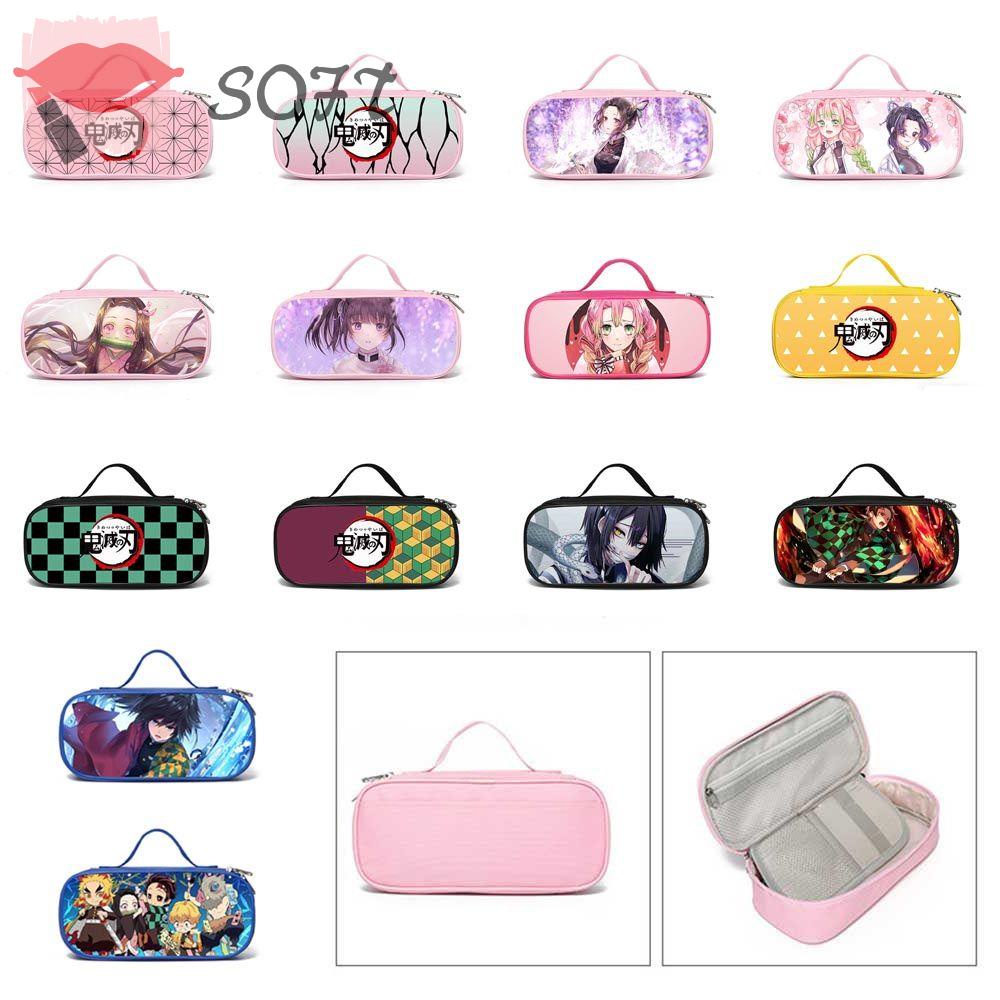 SOFTNESS Túi Đựng Bút Bằng Vải Canvas Phối Khóa Kéo Thiết Kế Hình Demon Slayer Dễ Thương