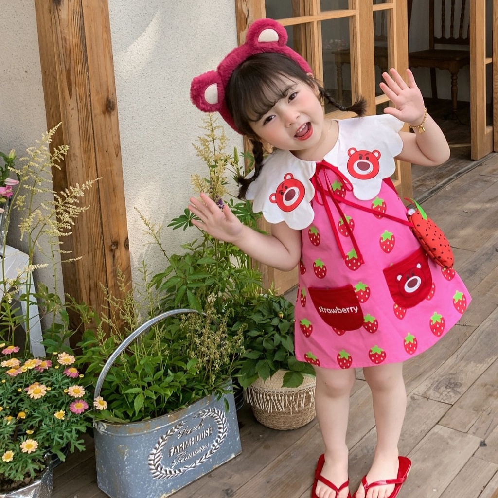 Đầm Sát Nách Cổ Bẻ In Họa Tiết Dâu Tây Hoạt Hình Dễ Thương Thời Trang Mùa Hè Cho Bé Gái