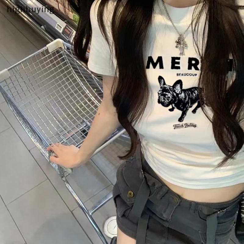 Áo Thun Lửng Ngắn Tay Cổ Tròn In Hình Chó Hoạt Hình Phong Cách Retro Mỹ Cho Nữ