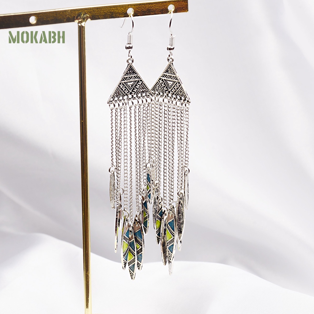 1 Đôi Bông Tai Hình Tam Giác Dạng Móc Tua Rua Dài Phong Cách Vintage