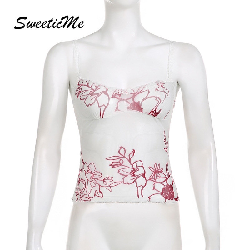 Áo Tank Top Hai Dây Cắt Sâu Ôm Dáng In Họa Tiết Hoa Thời Trang 2023 Cho Nữ