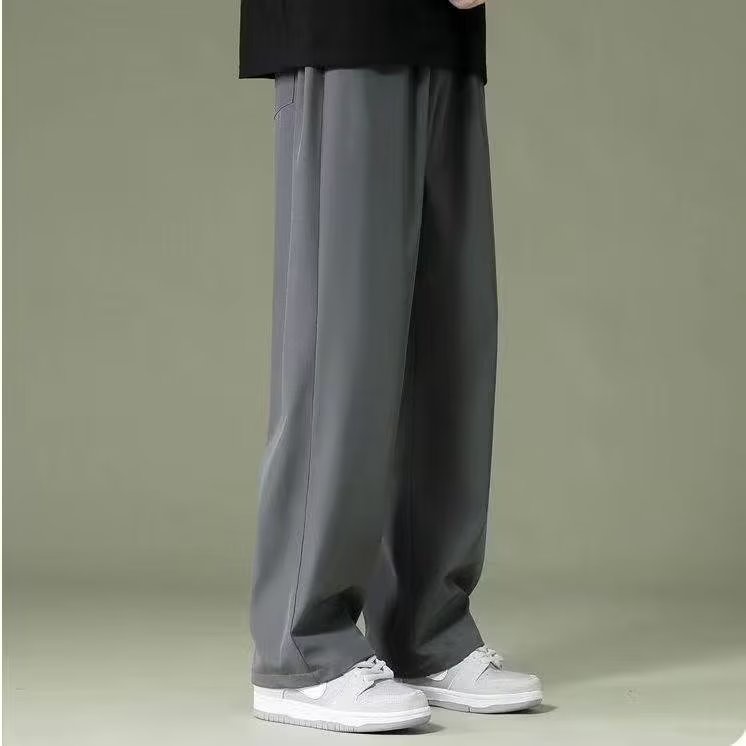 Quần Dài Vải Lụa Lạnh Mỏng Dáng Rộng Màu Đen Thời Trang Xuân Thu Cho Nam