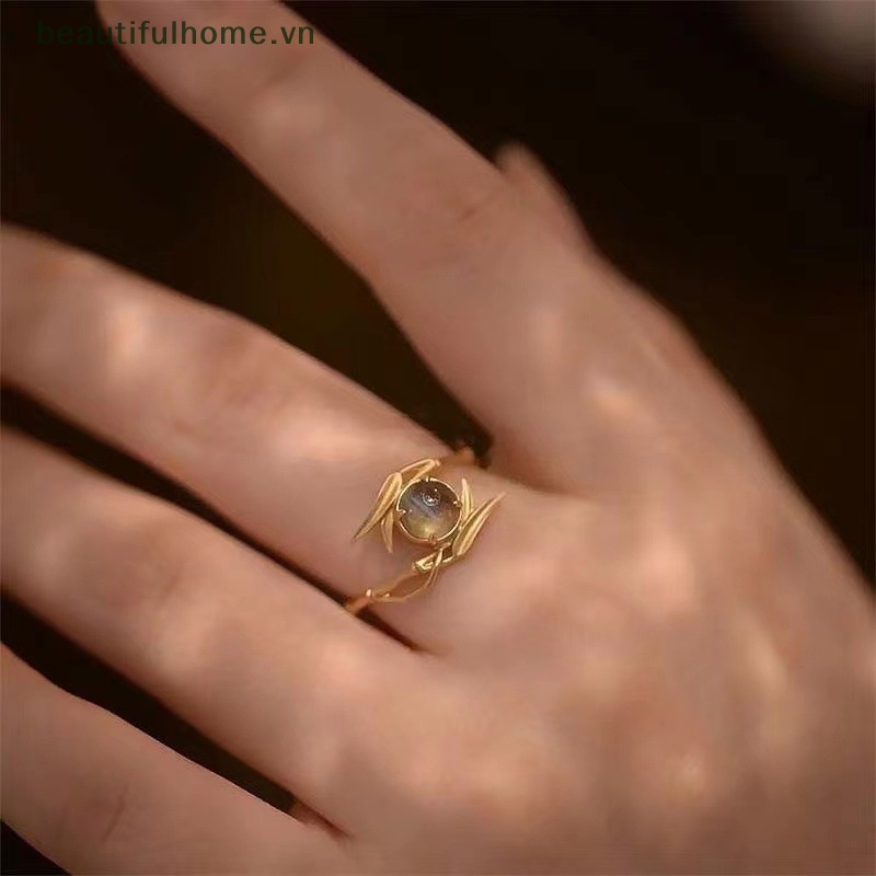 [beautifulhome] Nhẫn Opal Trong Suốt Thiết Kế Hình Lá Tre Độc Đáo Thời Trang Vintage Có Thể Điều Chỉnh Cho Nữ [beauty]