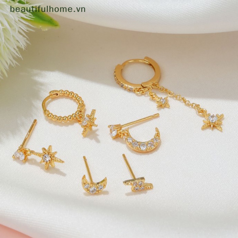 Bộ 6 Bông Tai Hình Mặt Trăng / Ngôi Sao Đính Đá Zircon Nhiều Màu Sắc Dành Cho Nữ