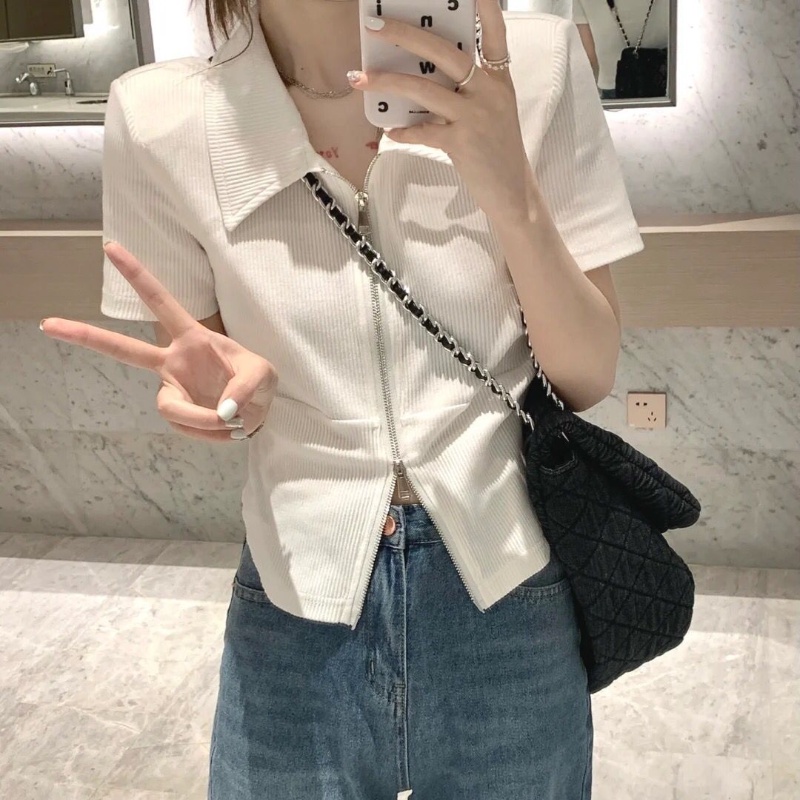 COZOK Áo polo Ngắn Tay Ôm Dáng Phối Khóa Kéo Lệch Cá Tính