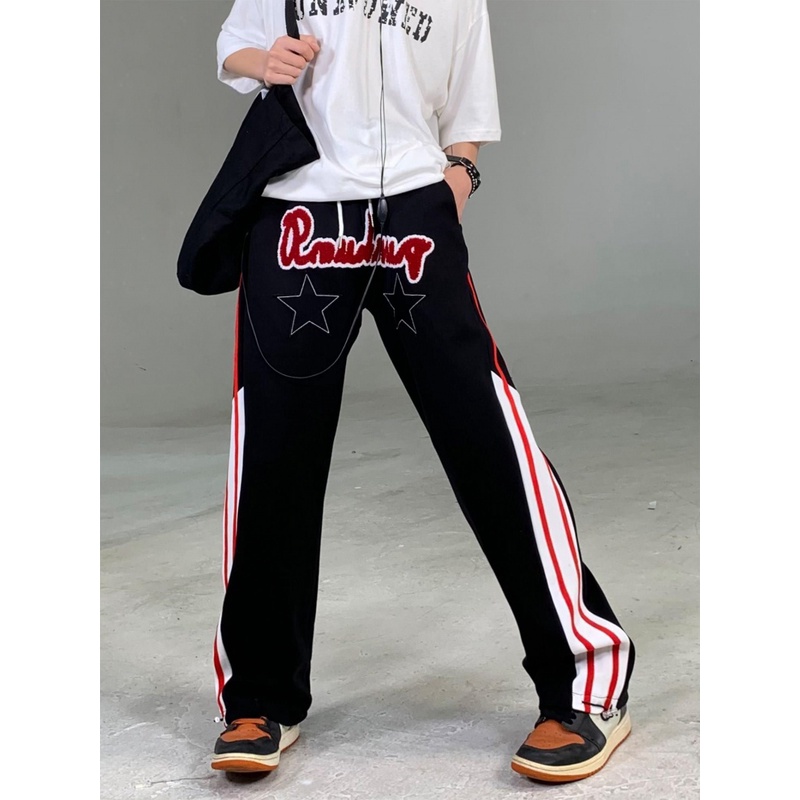 Quần Dài Ống Rộng Màu Đỏ Đen Phong Cách Retro Mỹ 2023 Cho Nam