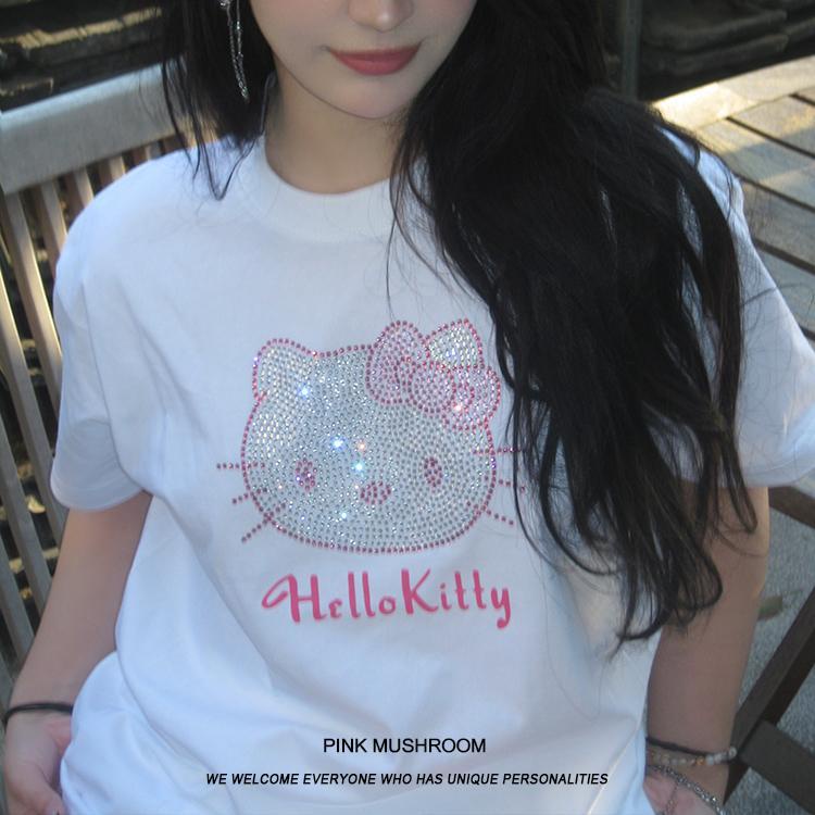 Áo Thun 100% Cotton Tay Ngắn Dáng Rộng In Hình Hello kitty Đính Đá Phong Cách Âu Mỹ Cho Nam Và Nữ Y2K