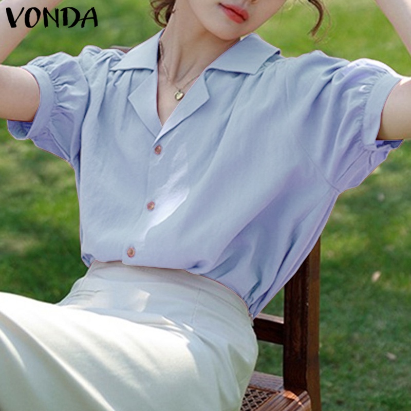 Vonda Áo Sơ Mi Tay Phồng Màu Trơn Phong Cách Hàn Quốc Cho Nữ