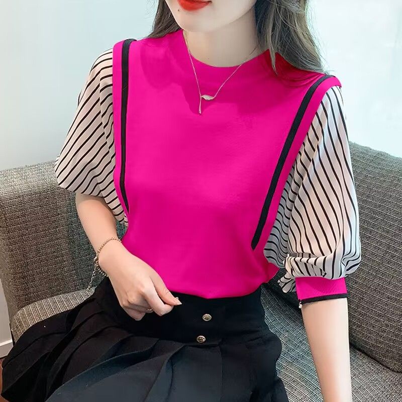 Áo Thun Dệt Kim Tay Ngắn Họa Tiết Kẻ Sọc Thời Trang Mùa Hè 2023 Cho Nữ