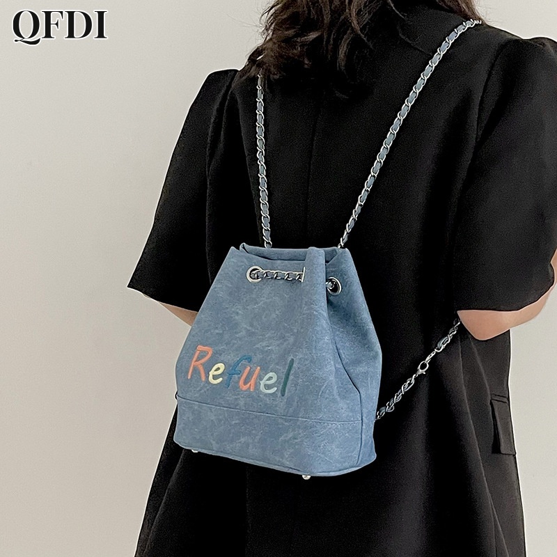 QFDI Ba Lô Dây Rút Đa Chức Năng Thêu Chữ Sức Chứa Lớn Cho Nữ