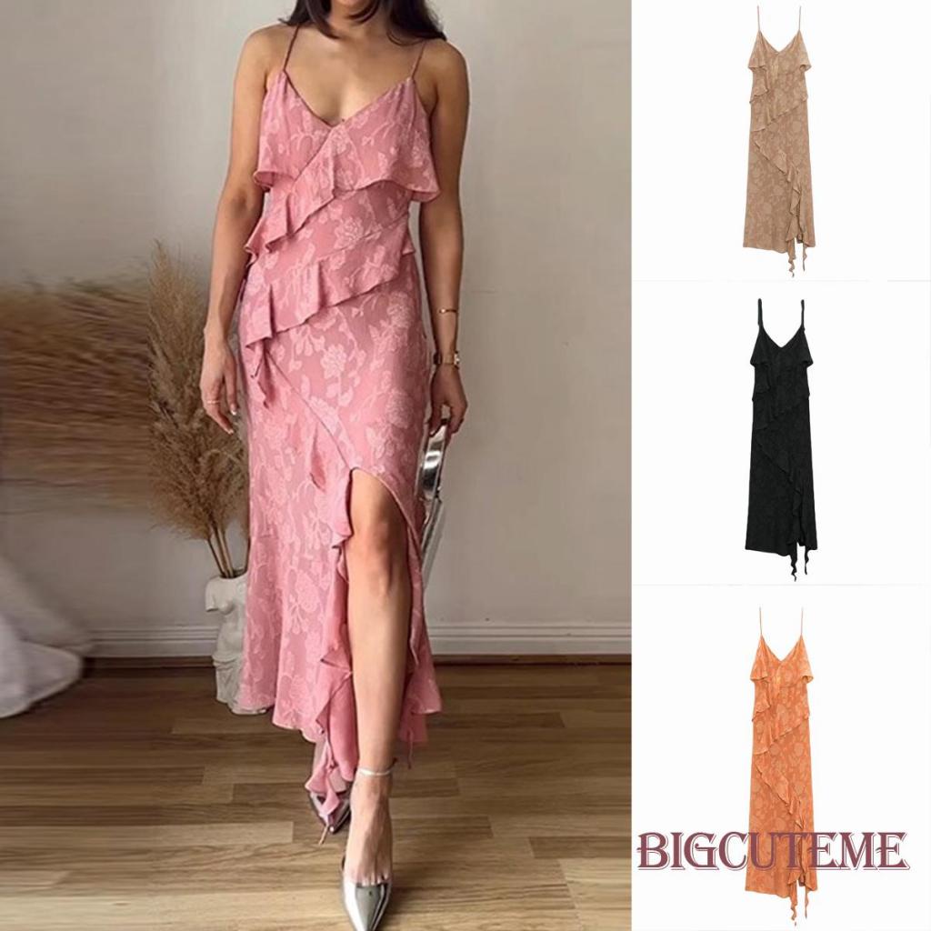 Đầm Hai Dây Cổ Chữ V Xẻ Tà Họa Tiết Hoa Thời Trang Mùa Hè Cho Nữ