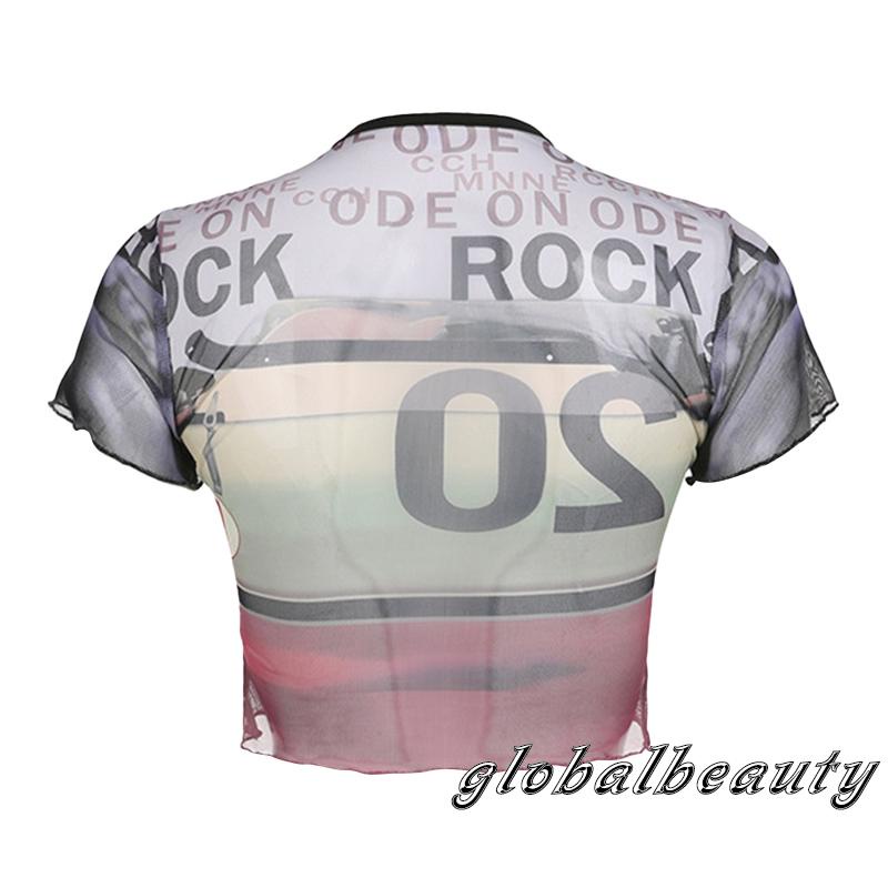 Áo Croptop Tay Ngắn Cổ Tròn In Chữ Phối Lưới Thời Trang Mùa Hè Cho Nữ