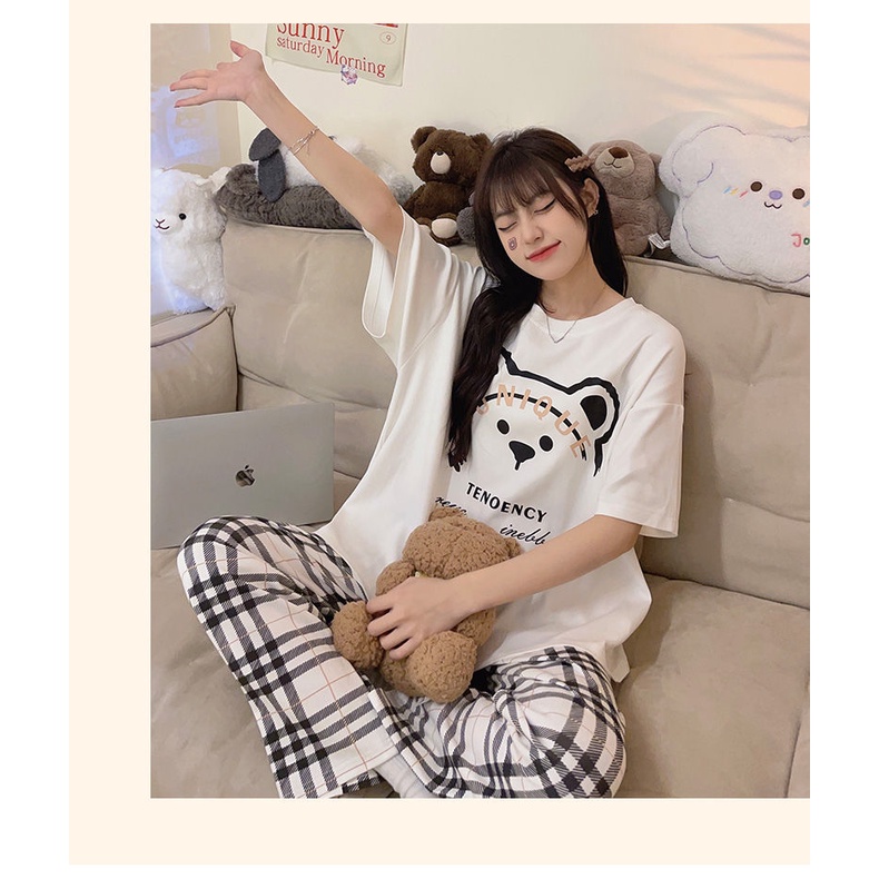 Bộ Đồ Ngủ Tay Ngắn Cổ Tròn Họa Tiết Sọc Caro In Hình Gấu Dễ Thương Thời Trang Mùa Hè Cho Nữ