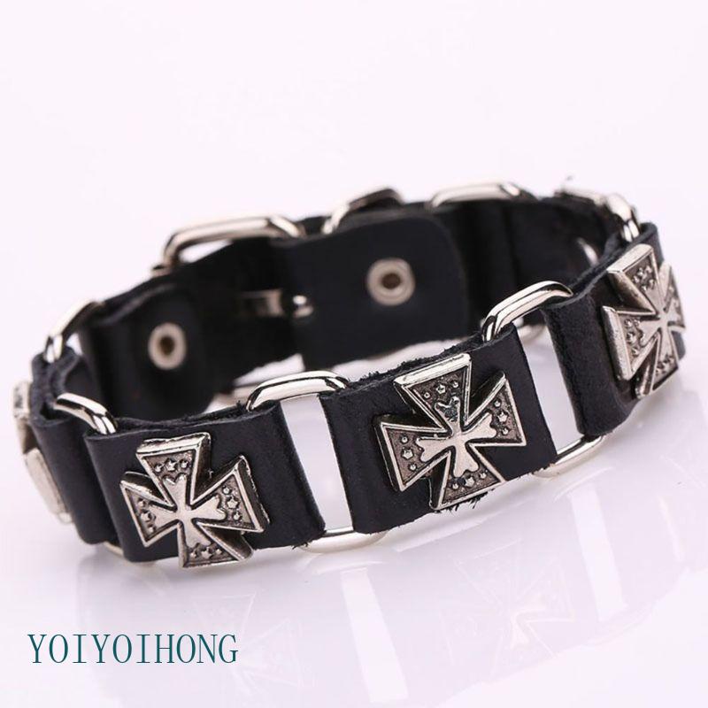 Vòng Tay Da Với Mặt Kim Loại Hình Thánh Giá Có Thể Điều Chỉnh Kích Cỡ