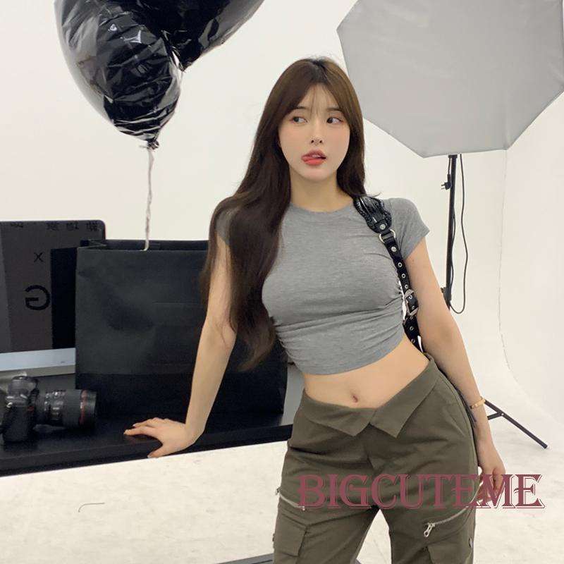 [] Áo Thun Crop Top Tay Ngắn Hở Lưng Màu Trơn Buộc Dây Co Giãn Mùa Hè Cho Nữ