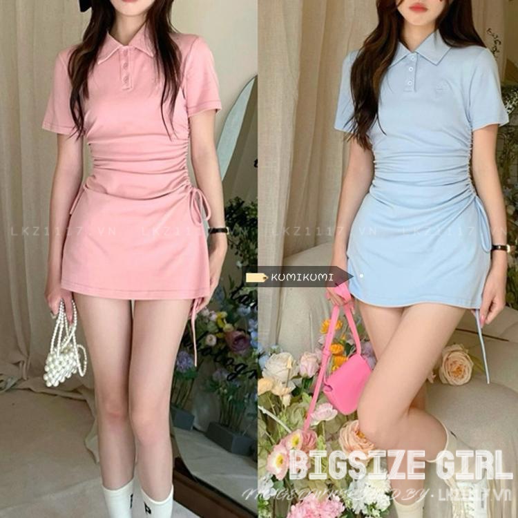 Đầm váy nữ Bigsize Đầm polo dáng ôm tay ngắn có cổ thiết kế dây rút xếp ly mùa hè Phong cách Hàn Quốc Thời Trang cá tính xinh đẹp cho người mập béo nữ