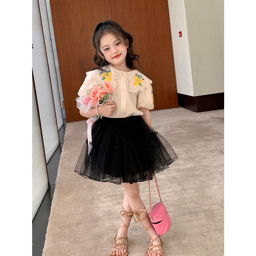 Bộ Áo Sơ Mi Cổ Búp Bê Thêu Họa Tiết + Chân Váy Lưới Ngắn Thời Trang Mùa Hè 2023 Mới Cho Bé Gái