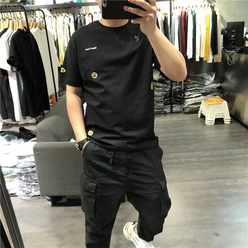 Áo Thun Cổ Tròn Dáng Ôm Thêu Hoạ Tiết Đơn Giản Trẻ Trung Dành Cho Nam Giới