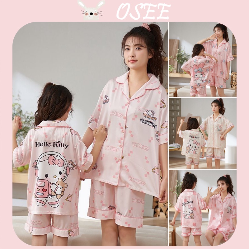 Bộ Đồ Ngủ Ngắn Tay Bằng Lụa Mát Họa Tiết hello kitty Thời Trang Mùa Hè Cho Mẹ Và Bé